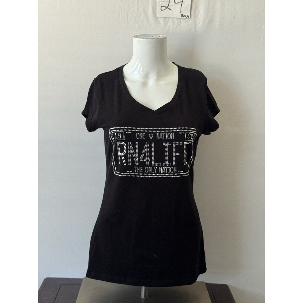 Raider Nation RN4LIFE Rhinestone License Plate Graphic T-Shirt Black Women’s Lg
